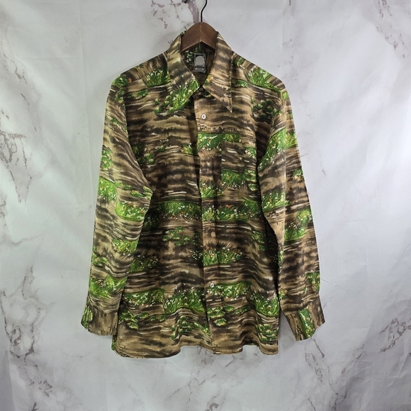 Vintage Shirt Mens XL Grass Button Up Printed 60s 70s Rockabilly Silky - Picture 1 of 12